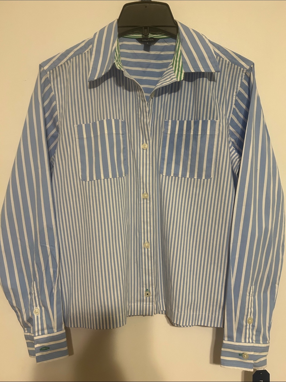 Nautica Blue and White Vertical Stripe Button Up Shirt